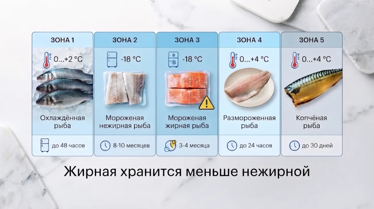 Сколько хранится рыба: таблица сроков годности замороженной и охлаждённой рыбы